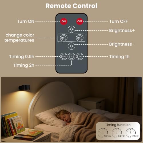 AKSDA 3Pack Battery Operated Wall Sconce, 3 Color Modes 3 Brightness Levels 360°Rotation Lighting Timer Touch & Remote Control, Wall Mounted Lamp LED Wall Lights for Bedroom Reading Bedside (Black) - color: Black-3PC