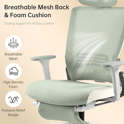 Ergonomic Foldable Office Chair with Footrest and Lumbar Support, Green | Compact desk chair with space-saving folding design, 2D headrest, 2D armrests, computer cahirs for home office - color: Green