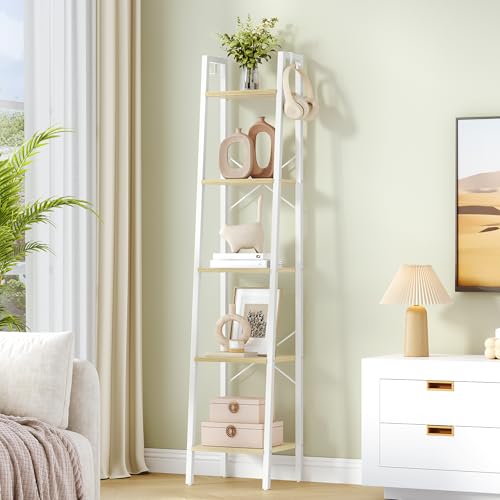 Hzuaneri Ladder Shelf, Bookshelf, Freestanding Corner Storage Shelf | Bookcase with 2 Hooks for Office, Living Room, Kitchen, Bedroom, Industrial, 11.8" D x 13.4" W x 63" H, White Oak and White - color: White Oak and White, size: 11.8"D x 13.4"W x 63"H