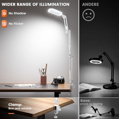 10X Rectangle Magnifying Lamp, Large Magnifying Light with 5 Color Modes | Magnifying Glass with light and Clamp, Hands Free, for Close Work, Crafts, Jeweller Repair, Painting, Hobbies - color: White