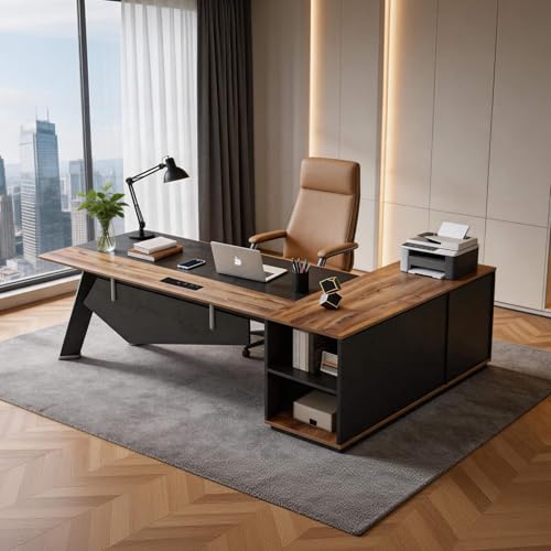 L Shaped Executive Desk, 63" Reversible Office Desk with Power Outlet & 47" Lateral File Cabinet, Modern WoodenComputer Desk Business Furniture for Home Office Study (1)