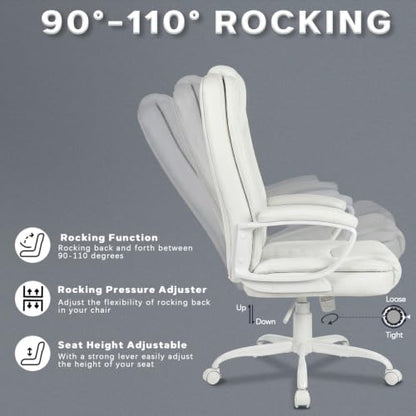 LEMBERI High Back PU Leather Executive Office Chair, Adjustable Swivel Computer Desk Chair with Padded Armrests for Home Office, White - color: White