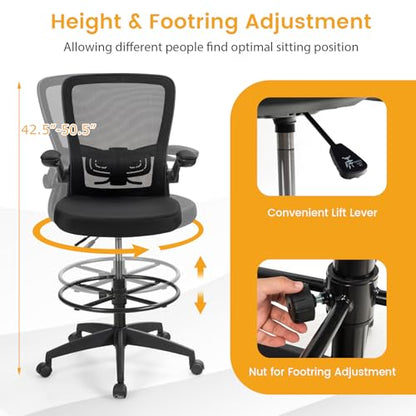 COSTWAY Drafting Chair with Flip-up Armrests & Adjustable Foot Ring, 1 Pack - color: Black