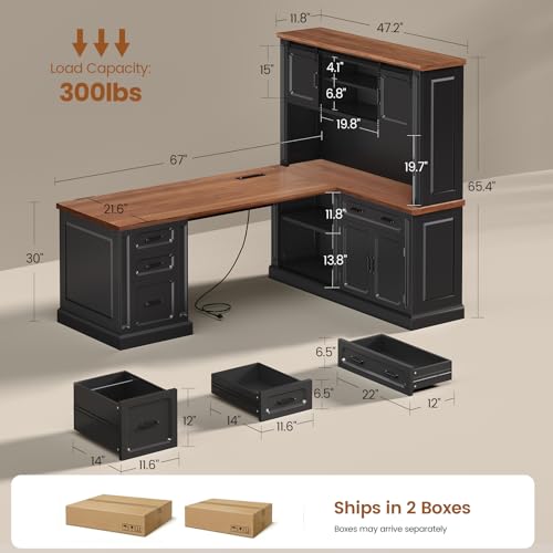 SEDETA 67" Farmhouse Executive L Shaped Desk with Hutch | Office Desks with 4 Drawers & Storage,Executive Desk,File Drawer,Power Outlet,Black+Brown - color: Black+brown, size: 67" L Shaped Desk with Hutch