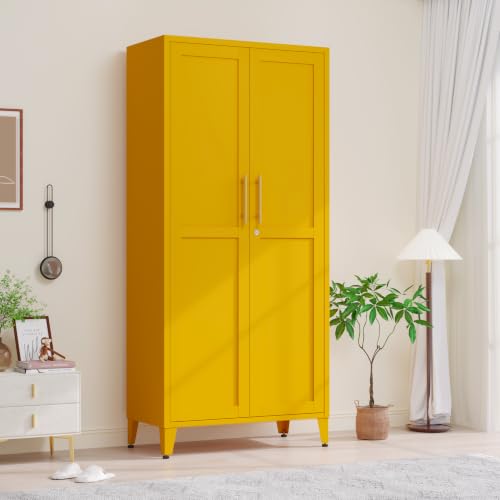 61" H Yellow Metal Storage Armoire Cabinet, Lockable Steel Cabinet, 2-Door Tall Locker with 3 Adjustable Shelves, Freestanding Steel Utility Cabinet for Bedroom, Office, Living Room - color: Yellow, style: 61"H-Cabinet-YX