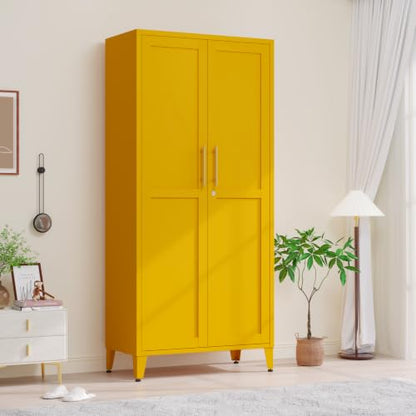 61" H Yellow Metal Storage Armoire Cabinet, Lockable Steel Cabinet, 2-Door Tall Locker with 3 Adjustable Shelves, Freestanding Steel Utility Cabinet for Bedroom, Office, Living Room - color: Yellow, style: 61"H-Cabinet-YX