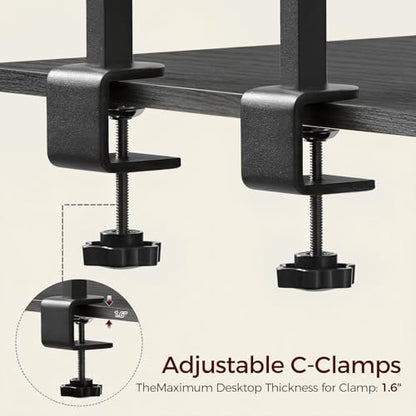 MAHANCRIS Clamp on Desk Shelf, 2 Tier Desk Storage Organizer, Desktop Bookshelf with Hooks and Divider, Desk Accessories for Study and Gaming Room, Black DSBK4501