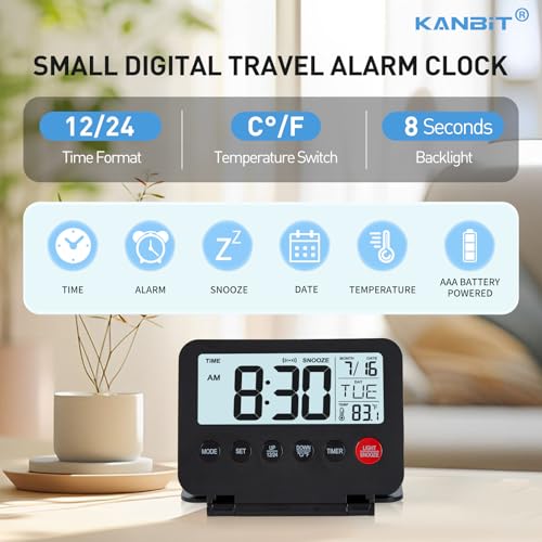 KANBIT Small Digital Travel Alarm Clock, Large LCD Display Front Button with Date & Temperature, Snooze and 8 Seconds Backlight AAA Battery Operated Desk Clock for Home & Office, Black - color: Black