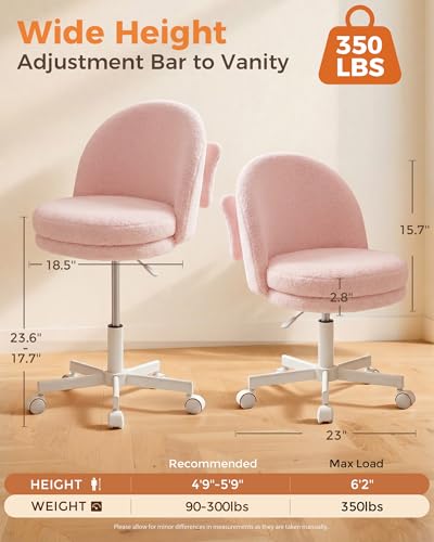 GTPLAYER Velvet Tall Office Chair with Wheels Vanity Chairs with Back, Versatile Height Use: Office to Bar Stools Small Ergonomic Comfy Armlees Computer Desk Chair with Bow Lumbar Pillow for Gift - color: Tv-pink