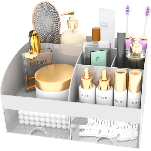 Makeup Organizer with Drawers, Cosmetic Storage for Dresser Vanity and Bathroom Countertop, Beauty Holder for Lipstick Brush, Skincare Organizer for Vanity, Cosmetic Display Case (Grey) - color: Grey