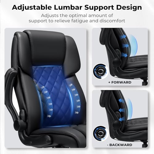 Big and Tall Office Chair 450lbs Heavy Duty Ergonomic Executive Desk Chair with Adjustable Lumbar Support High Back Home Computer Leather Chair with Padded Flip-up Arms for Heavy People Black - color: Black