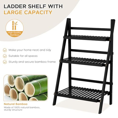 39.4" Foldable Ladder Shelf Plant Shelf, 3 Tier Bamboo Ladder Bookshelf - color: 3-Tier Black