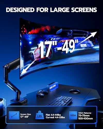 ARES WING 17-49 Inch Monitor Arm Ultrawide Monitor Mount with USB, Black | Heavy Duty Mechanical Spring Monitor Stand Adjustable Arms Holds up to 44lbs, 75/100 VESA Mount with Clamp/Grommet Base