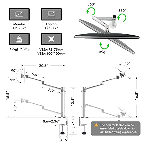 Viozon Monitor and Laptop Mount, 2-in-1 Adjustable Dual Arm Desk Mounts Single Desk Arm Stand/Holder for 17 to 32 Inch LCD Computer Screens, Extra Tray Fits 12 to 17 inch Laptops (Silver) - color: Silver