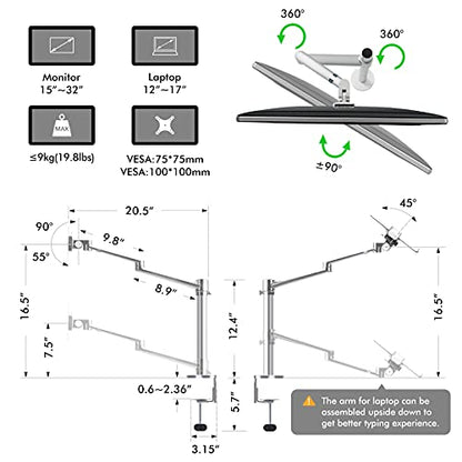 Viozon Monitor and Laptop Mount, 2-in-1 Adjustable Dual Arm Desk Mounts Single Desk Arm Stand/Holder for 17 to 32 Inch LCD Computer Screens, Extra Tray Fits 12 to 17 inch Laptops (Silver) - color: Silver