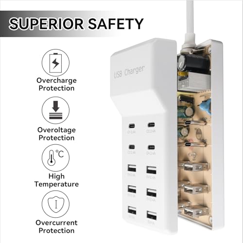 USB Power Strip Charging Station, 10-Port 6A+4C Multi Charger Block