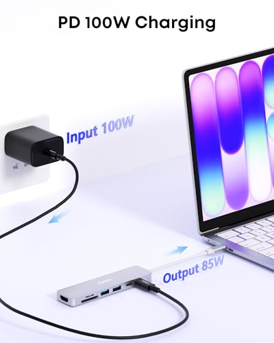 7-in-1 USB C Hub with 4K@60Hz HDMI, 2 USB-A, 1 USB-C, 100W PD Charging, SD 3.0 /TF 3.0 Card Reader, Compatible with MacBook Pro/Air/Neo, iPad Pro, iMac, iPhone 15-17 (Silver) - color: Silver