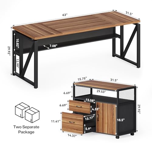 LITTLE TREE 63-Inch Office Desk with 31.5-Inch Lateral File Cabinet, Study Writing Desk Computer Desk for Home Office - color: Brown
