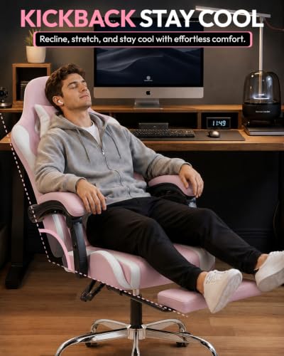 Dowinx Ergonomic Gaming Chair with Footrest & Massage Lumbar, 2D-Linkage Armrests for Computer Chair 330lbs with Headrest Pillow for Office, Home, Streaming and Long Gaming Sessions, Bright Pink - color: Blush Pink