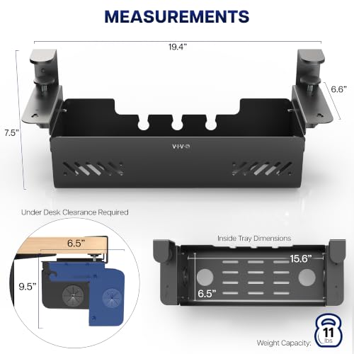 VIVO No Drill 19 inch Clamp-On Under Desk Cable Management Box with Flip-Open Lid, Easy-to-Open Steel Cord and Power Strip Organizer, Cable Organizer Tray, 11 lbs Capacity, Black, DESK-ACMB20-C
