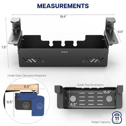VIVO No Drill 19 inch Clamp-On Under Desk Cable Management Box with Flip-Open Lid, Easy-to-Open Steel Cord and Power Strip Organizer, Cable Organizer Tray, 11 lbs Capacity, Black, DESK-ACMB20-C