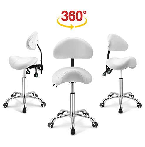 Kaleurrier Saddle Stool with Back Rest,Rolling Saddle Chair for Salon - color: White, style: With Back