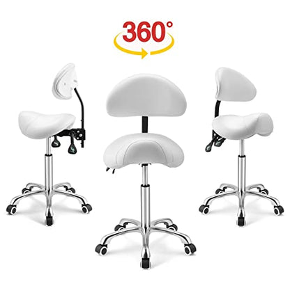 Kaleurrier Saddle Stool with Back Rest,Rolling Saddle Chair for Salon - color: White, style: With Back