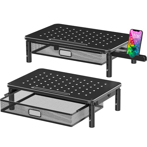 Zimilar 2 Pack Monitor Stand Riser with Metal Drawer, 3 Height Adjustable | Monitor Riser with Phone Holder for Printer, Laptop, Premium Metal Computer Monitor Stand with Storage for 2 Monitors