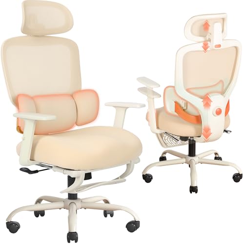 Ergonomic Office Chair with Footrest, Mesh Desk Chair with Adjustable Headrest & Armrests & Dynamic Floating Wing Lumbar Support, High Back Computer Chair for Home Office, BIFMA Certified, Beige