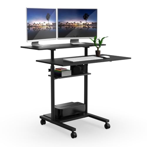Mount-It! Mobile Desk Workstation 40 Inch Wide Large Rolling Computer Desk is Height Adjustable to 64 Inches, Sit Stand Computer Cart with Multi Level Shelves on Wheels in Black - color: Black
