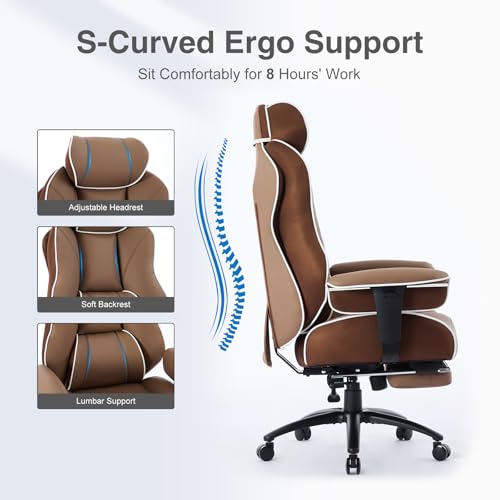 DJ·Wang Big and Tall Office Chair with Foot Rest, High Back Executive Office Chair PU Leather, Ergonomic Chairs with Lumbar Support, 135° Reclining Chairs with Thickened Spring Cushion Brown - color: Pu Brown