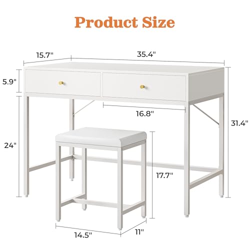 SUPERJARE 35.4" White Desk with 2 Drawers, Modern Makeup Vanity - color: White, size: 35.4 inch