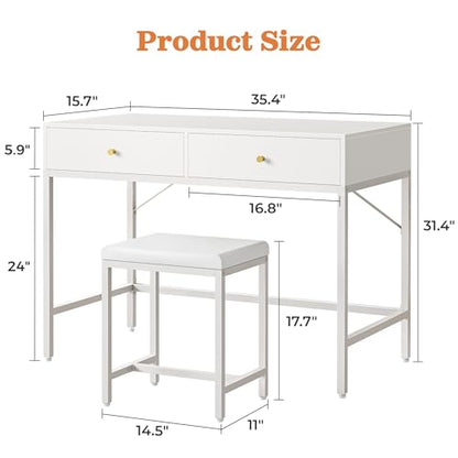 SUPERJARE 35.4" White Desk with 2 Drawers, Modern Makeup Vanity - color: White, size: 35.4 inch