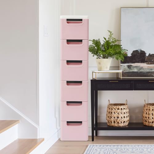 6 Drawers Storage Cabinets, Mobile Slim Utility Cart with 4 Universal Wheels 39.5"H Skinny Storage Tower Chest 77lbs Capacity Ideal for Bedroom Closet Living Room Small Spaces (Pink)