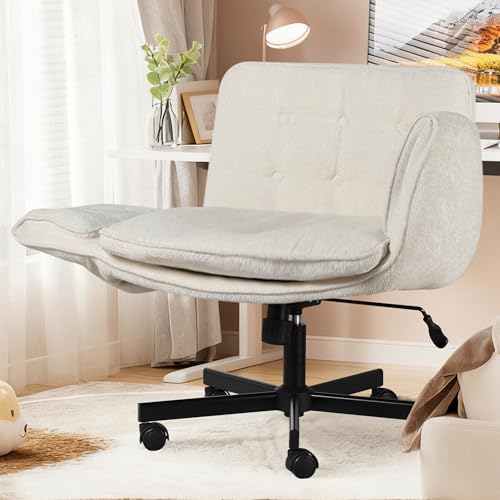 Criss Cross Chair with Wheels & Arms, Chenille Cross Legged Office Chair with 5-level Folding Armrest, Comfortable Adjustable Swivel Vanity Chair for Home, Make Up, Bed Room, Office, Accent (White) - color: White, style: Modern