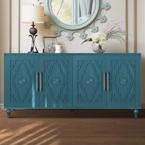 Sideboard Buffet Credenza 63" W Wooden Accent Cabinet with Storage | Entryway Table with Adjustable Shelves, Carved Doors Modern Vintage Mid Centry Sideboard Console TV Stand Wire Hole Blue - color: Antique Blue