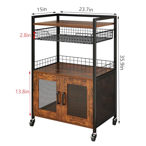 Hencawima Coffee Bar Cabinet, 3 Tier Coffee Station Table on Wheels, 35.9" H Bar Cart with Wire Basket Drawer & 5 Hooks for Home Kitchen, Liquor Buffet Sideboard Cabinet (Rustic Brown) - size: Large