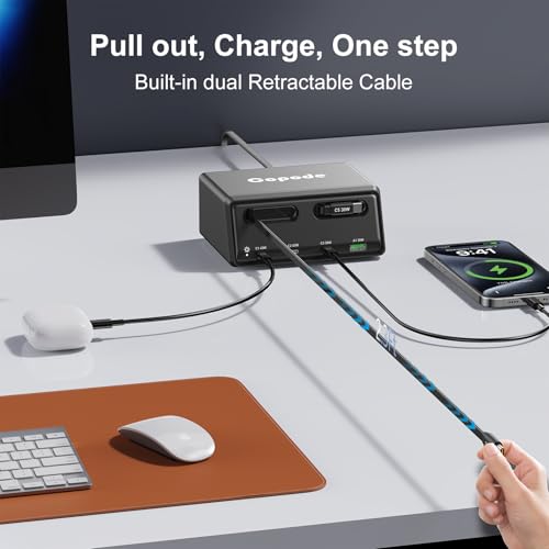 6-in-1 Retractable Charger GaN USB C for iPhone/Android Multiple Devices | 150W Charging Station with Dual Retractable Cables for iPhone 17/16,iPad,MacBook and More-Desktop Charger for Home,Office