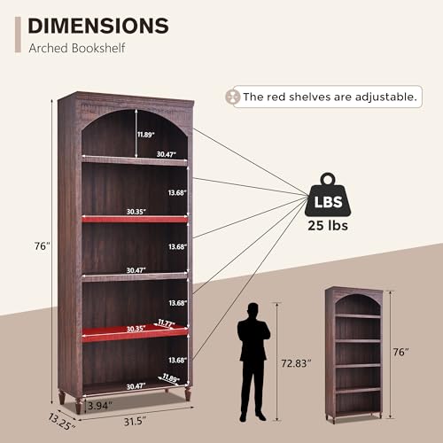 IFGET 76" Tall Arched Bookcase, Farmhouse Large Arched Bookshelf, Brown | 5 Tiers Arch Cabinet w/Adjustable Shelves, Modern Wooden Book Shelf w/Storage & Open Display Shelves for Living Room, Office - color: Brown, size: Large