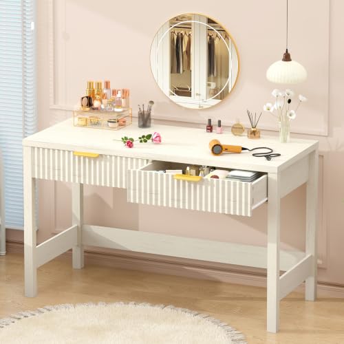 47 Inch Small Fluted Computer Desk with 2 Drawers for Bedroom, Home Office - color: White, size: 47 Inch Desk