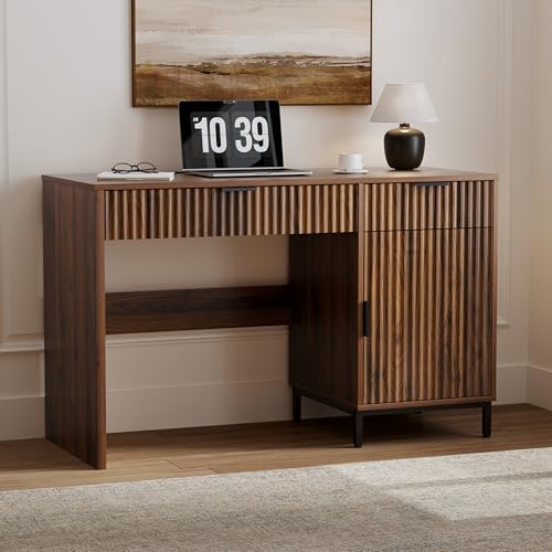 47" Office Desk with Fluted Drawers, Wooden Home Exectuive Desk with Storage Cabinet, Charging Station, Metal Legs Modern Farmhouse Computer Desk for Work, Study, Brown - color: Brown