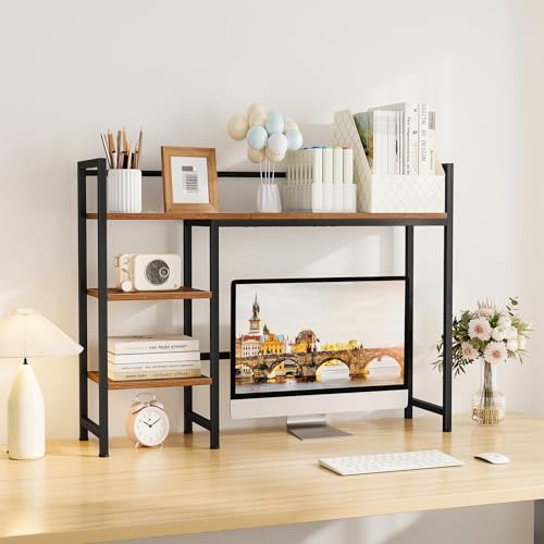 Snughome Desk Shelf, 38.6" Desktop Organizer Shelf, Desk Hutch for Computer Monitor, 4 Tier Desk Display Rack, Wood Desktop Bookshelf Storage Rack for Home Office Dorm, Rustic Brown - color: Rustic Brown, size: 38.6"