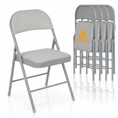 4 Pack Folding Chairs with Padded Cushion and Back, Fabric Dining Chair Set with Steel Frame, Indoor Outdoor Stackable Commercial Seat for Home Office Wedding Parties Banquets Events, Gray - color: Grey