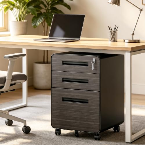 SAWJEC 3 Drawer Mobile File Cabinet with Lock, Fully Assembled, Black - color: 02l-black Brown