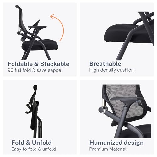 Updated Conference Room Chairs, Folding Office Desk Chair with Lumbar Support and Sliding Armrest with Casters, Stackable Office Guest Chairs & Reception Chairs, 6 Pack Black - color: Black, size: 6 Pack