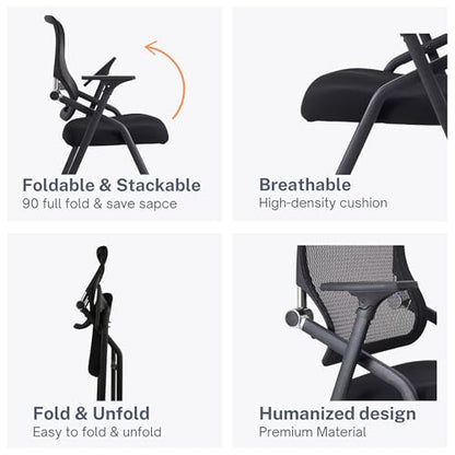 Updated Conference Room Chairs, Folding Office Desk Chair with Lumbar Support and Sliding Armrest with Casters, Stackable Office Guest Chairs & Reception Chairs, 6 Pack Black - color: Black, size: 6 Pack