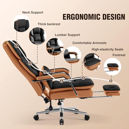 Furniliving Big and Tall Office Chair with Footrest, PU Leather High Back Executive Office Chair with Adjustable Lumbar Support, Wide Seat Reclining Desk Chair with Armrest, Height Adjustment, Black