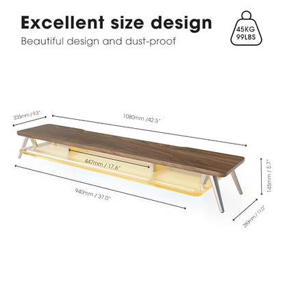 Fenge Dual Monitor Stand with 8-Mode LED Lights and Frosted Shelf, Brown | Sturdy Aluminum Legs, Built-In Phone & Tablet Slot, 2-Tier Storage, 42.5-Inch Desk Shelf for Gaming, Home Office & Streaming - color: Brown