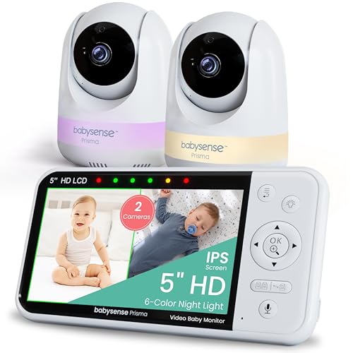Babysense Prisma Baby Monitor with Camera and Audio, 5” HD Video Baby Monitor with 2 Cameras, 6-Color Night Light, Split Screen, Sound Machine with White Noise & Lullabies, Secure No WiFi - size: 5 Inch 2 CAM