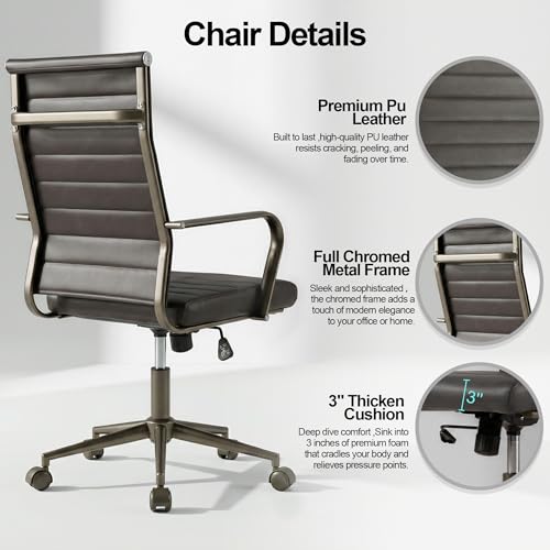 Okeysen Leather Office Desk Chair, Ergonomic Mid Century Modern Conference Room Chairs, Executive Ribbed Height Adjustable Swivel Rolling Chair for Home Office. - color: Metal